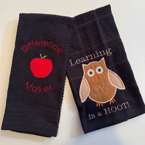 Teacher appreciation gift  Black Embroidered Kitchen Towels with Owl and Apple - Picture 2 of 9